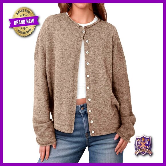 Sweaters - Button Up Cardigan Sweater Long Sleeve Crew Neck Lightweight Knit Loose Fit